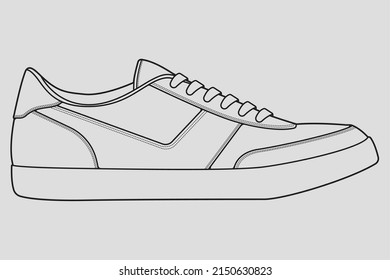 Shoes sneaker outline drawing vector, Sneakers drawn in a sketch style, black line sneaker trainers template outline, vector Illustration.
