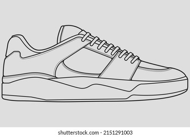 Shoes sneaker outline drawing vector, Sneakers drawn in a sketch style, black line sneaker trainers template outline, vector Illustration.
