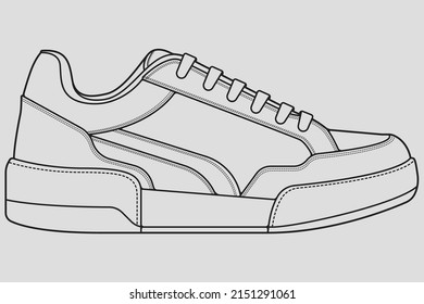 Vector de dibujo de contorno de zapata, Sneakers dibujado en un estilo de esbozo, contorno de plantilla de entrenadores de franja negra, ilustración vectorial.
