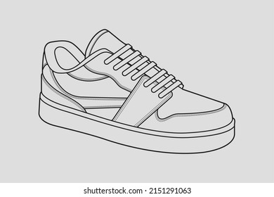 Shoes sneaker outline drawing vector, Sneakers drawn in a sketch style, black line sneaker trainers template outline, vector Illustration.
