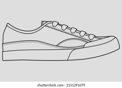 Shoes sneaker outline drawing vector, Sneakers drawn in a sketch style, black line sneaker trainers template outline, vector Illustration.
