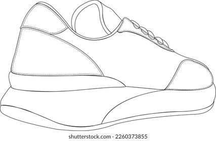 Shoes sneaker outline drawing vector, Sneakers drawn in a sketch style, black line sneaker trainers template outline, vector Illustration.