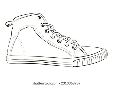 Schuhe Sneaker Umrisslinie Vektorgrafik, Turnschuhe im Skizzenstil, schwarze Linie Sneaker Trainer Template Umriss, Vektorgrafik.