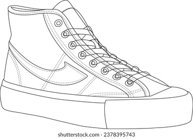 Shoes sneaker outline drawing vector, Sneakers, Shoes outline, vector Illustration, shoes, shoes coloring, vector outline 