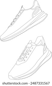 Shoes sneaker outline drawing vector, Sneakers drawn in a sketch style, black line sneaker trainers template outline, vector Illustration