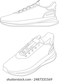 Shoes sneaker outline drawing vector, Sneakers drawn in a sketch style, black line sneaker trainers template outline, vector Illustration