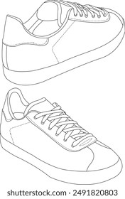 Schuhe Sneaker Umriss Zeichnung Vektorgrafik, Sneaker im Skizzenstil gezeichnet, schwarze Linie Sneaker Trainer Vorlage Umriss, Vektorillustration