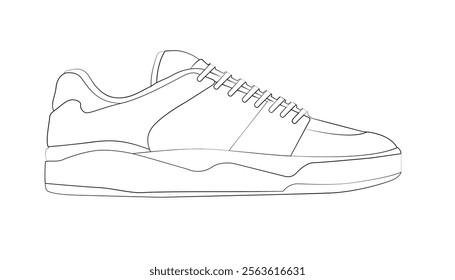 Shoes sneaker outline drawing vector, Sneakers drawn in a sketch style, black line sneaker trainers template outline, vector Illustration.