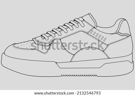 Shoes sneaker outline drawing vector, Sneakers drawn in a sketch style, black line sneaker trainers template outline, vector Illustration.
