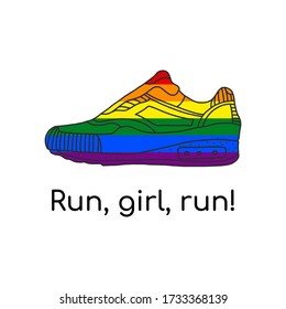 Shoes or sneakers painted in the colors of the gay flag,symbol of sports.Drawing a sign in the LGBT style,seven colors of the rainbow.vector inscription run baby run. Sticker,patch, t-shirt printing