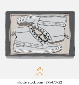 Shoes, sneakers in the style of hand drawn. Sketch style. Vector illustration. Shoes in a box.