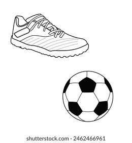 Shoes and a soccer ball or football flat vector icon, line art isolated on a white background.
