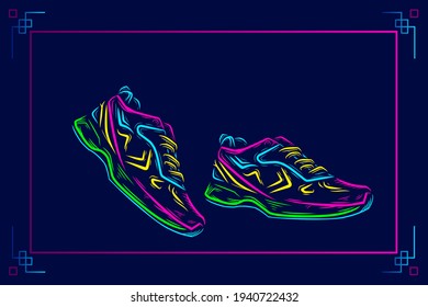 Zapatos portador de silueta de línea de arte pop retrato logo colorido con fondo oscuro. Ilustración del vector abstracto. Fondo negro aislado para camiseta, afiche, ropa.