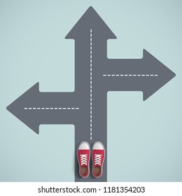 Shoes standing on the road with arrow. Direction of way. Stock vector illustration