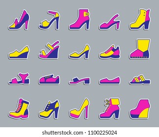 Shoes sticker icons set. Web flat sign kit of footwear. Fashion pictogram collection includes moccasins, athletic, casual. Simple shoes symbol. Colorful icon for patch. Vector Illustration