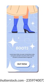 Shoes store banner concept. Woman in trendy blue boots. Landing page design. Discounts and promotions, sales. Online shopping. Cartoon flat vector illustration isolated on white background