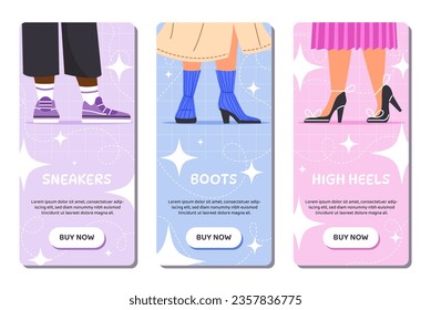 Carteles de la tienda de zapatos puestos. Publicidad y marketing. Moda y tendencia. Hombre y mujer con botas coloridas, zapatillas y tacones altos. Colección vectorial plana de dibujos animados aislada en fondo blanco