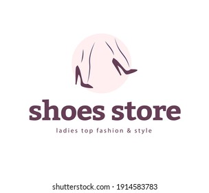 Shoes store emblem concept isolated on white background. Pair of elegant woman legs in classic shoes. Vector flat minimalistic hand drawn illustration. For emblems, advertising, tags, logos, banners.