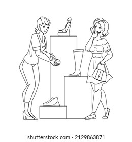 shoes store footwear. woman, girl shopping. Black Line Pencil Drawing Vector. retail fashion. boutique. assistant support character web Illustration
