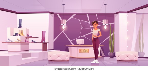 Shoes store with girl seller and women footwear on shelves. Vector cartoon illustration of boutique interior, luxury shop with shoes on rack, poufs, mirror and cashier counter