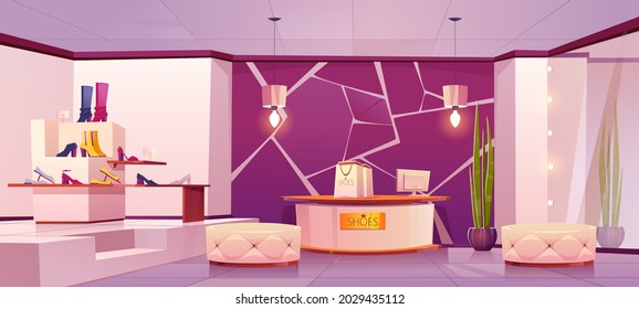 Shoes Store Interior With Women Footwear On Shelves. Vector Cartoon Illustration Of Empty Boutique Inside, Luxury Shop With Shoes On Rack, Poufs, Mirror, Shopping Bags With Boxes On Counter