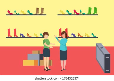 Shoes store vector concept: store clerk selling and talking about shoes her store selling to the customer