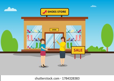 Shoes store vector concept: clerk talking to her customer outside the shoes store