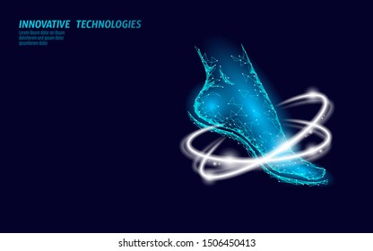 Shoes technology science fitness flexibility. Human woman fitness foot glowing rings. Low poly futuristic polygonal sport footwear design. Vector illustration blue