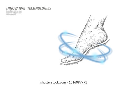 Shoes technology science fitness flexibility. Human woman fitness foot glowing rings. Low poly futuristic polygonal sport footwear design. Vector illustration blue