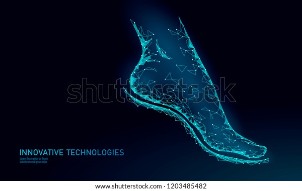 Shoes technology science\
fitness flexibility. Human woman fitness foot sole fast run arrows.\
Low poly futuristic polygonal sport footwear design. Vector\
illustration blue