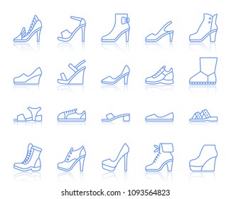 Shoes thin line icons set. Outline vector monochrome web sign kit of footwear. Fashion linear icon collection includes classic, sport, heel. Simple shoes symbol with reflection