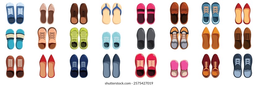 Shoes top view icons set. Collection of shoes viewed from above, showcasing a variety of styles for different occasions and activities