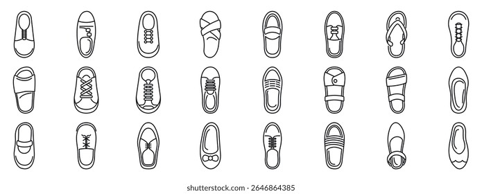  Shoes top view icons set. Diverse footwear icons showcasing various designs for different occasions and preferences