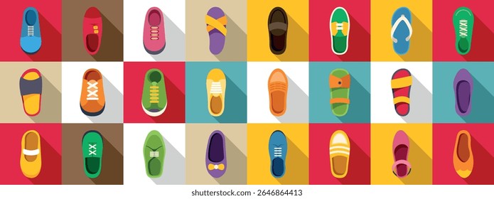  Shoes top view icons set. Colorful collection of various footwear types, from sneakers and elegant shoes to flip flops and sandals, ideal for fashion and retail projects