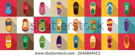  Shoes top view icons set. Colorful collection of various footwear types, from sneakers and elegant shoes to flip flops and sandals, ideal for fashion and retail projects