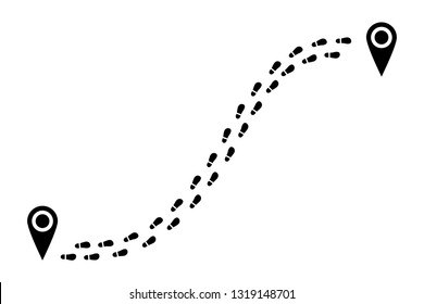 Shoes tracking path from one point to another. Footprints trail track with location pin. Footsteps route. Vector illustration.