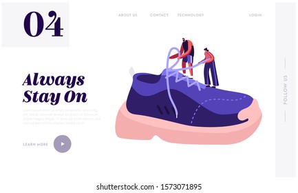 Shoes for Training Fashion Website Landing Page. Tiny Sportsman and Sportswoman Tie Shoelaces on Huge Sneaker. People Buy and Wear Sportive Footgear Web Page Banner. Cartoon Flat Vector Illustration