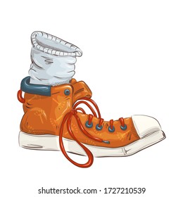 Shoes for travel and brisk walking. Orange sneaker with a fashionable pattern. Cartoon style. T-shirt design idea.