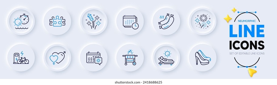 Shoes, Travel calendar and Fireworks line icons for web app. Pack of Puzzle, Grilled sausage, Electric bike pictogram icons. Fireworks rocket, Gas grill, Tanning time signs. Lounger. Vector