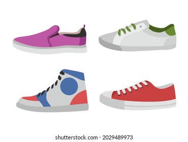 Shoes. Types of footwear. Mens or womens clothes for sport and casual wear. Side view of trendy sneaker and slip-on. Fashionable bright footgear collection. Vector unisex accessories set