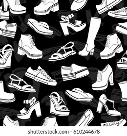 Shoes Vector Background, Seamless Pattern. White Sandals, Boots, Low Shoe, Ballet Slippers, Gumshoes, Knee-high Boots, Ankle Boots, Slip-on, Loafer On A Black Backdrop, Monochrome Illustration