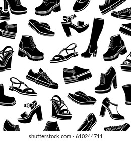 Shoes Vector Background, Seamless Pattern. Black Sandals, Boots, Low Shoe, Ballet Slippers, Gumshoes, Knee-high Boots, Ankle Boots, Slip-on, Loafer On A White Backdrop, Monochrome Illustration