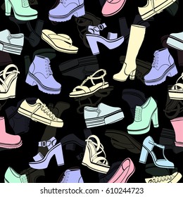 Shoes Vector Background, Seamless Pattern. Multicolored Sandals, Boots, Low Shoe, Ballet Slippers, High Boot, Gumshoes, Knee-high Boots, Winter Boots, Ankle Boots, Slip-on, Loafer On A Black Backdrop