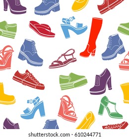 Shoes Vector Background, Seamless Pattern. Multicolored Sandals, Boots, Low Shoe, Ballet Slippers, High Boot, Gumshoes, Knee-high Boots, Winter Boots, Ankle Boots, Slip-on, Loafer On A White Backdrop