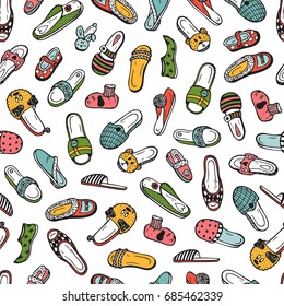 Shoes Vector background. Slippers Seamless pattern. Hand drawn doodle female, male and children's House Slippers