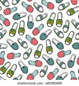 Shoes Vector background. Slippers Seamless pattern. Hand drawn doodle female and male House Slippers