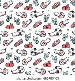 Shoes Vector background. Slippers Seamless pattern. Hand drawn doodle Baby booties  and House Slippers for children