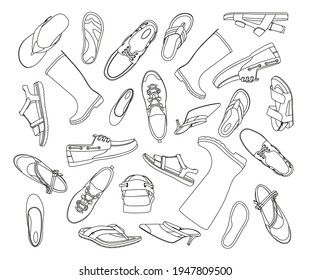  Shoes vector collection, doodles vector shoes, isolated, set of men's and women's shoes.