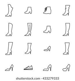 Shoes vector icon set. Women's boots logo or silhouette isolated. Footwear sign or symbol collection