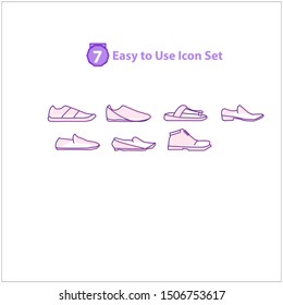 Shoes vector icons. Sneakers, heel, wedges, slippers, women shoes, footwear and solid web icon set.modern icon set Outline icons collection. Simple vector illustration. -  purple.